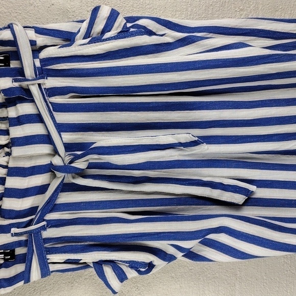BERSHKA Blue White Striped Paper High Rise Bag Waist Skinny Leg Pull On Pant - Picture 9 of 13